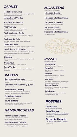 Carta de carnes, milanesas, pastas y pizzas de Bar Therapy