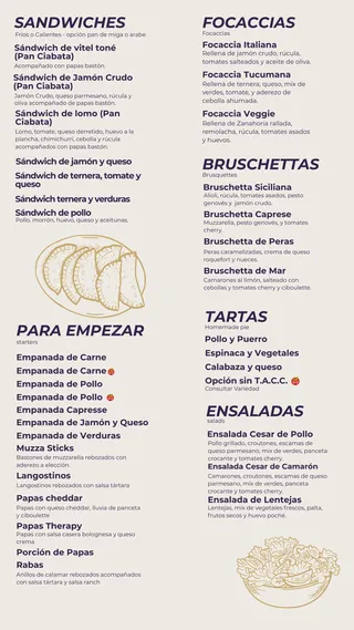 Carta de sandwiches, focaccias y ensaladas de Bar Therapy